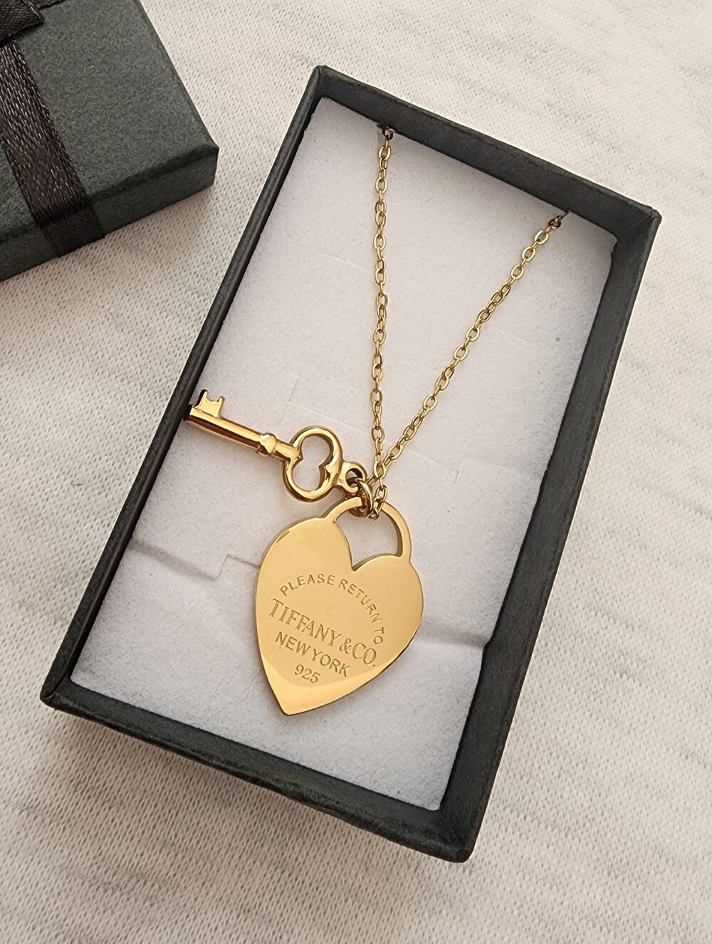 Stainless Steel Gold Heart Padlock Key Necklace